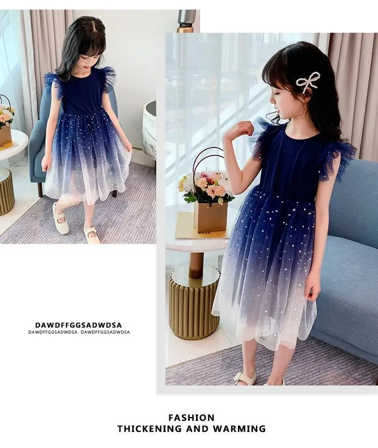 Summer Sleeveless Fashion Gauze Dress Girls Starry Sky Gradient Princess Dress New Years Children's Birthday Party Present