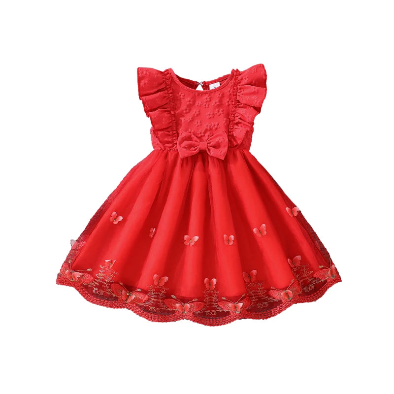 Kids Princess Dress For Girls O-Neck Wing-Sleeve Bowknot Floral Print Embroidery 4-7 Years Summer Sweet Birthday Party Clothing