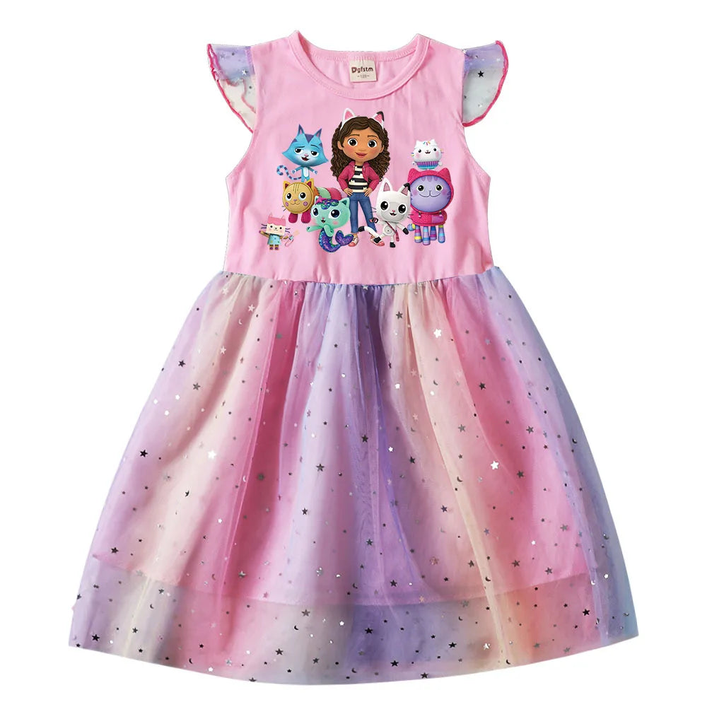 Kids Cats Princess Dress Summer Casual Girls Sequins Rainbow Mesh Dress Children Carnival Wedding Birthday Gifts Party Dress