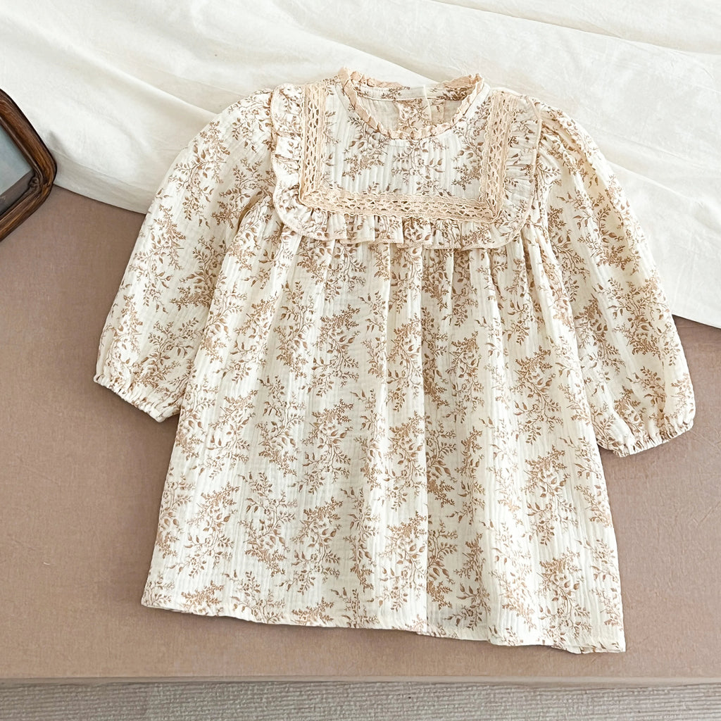1-6Yrs Girls' Dress Floral Print Lace Girls' Cotton Dress 2025 Autumn New Flower Long Sleeved Sweet Children's Princess Dress