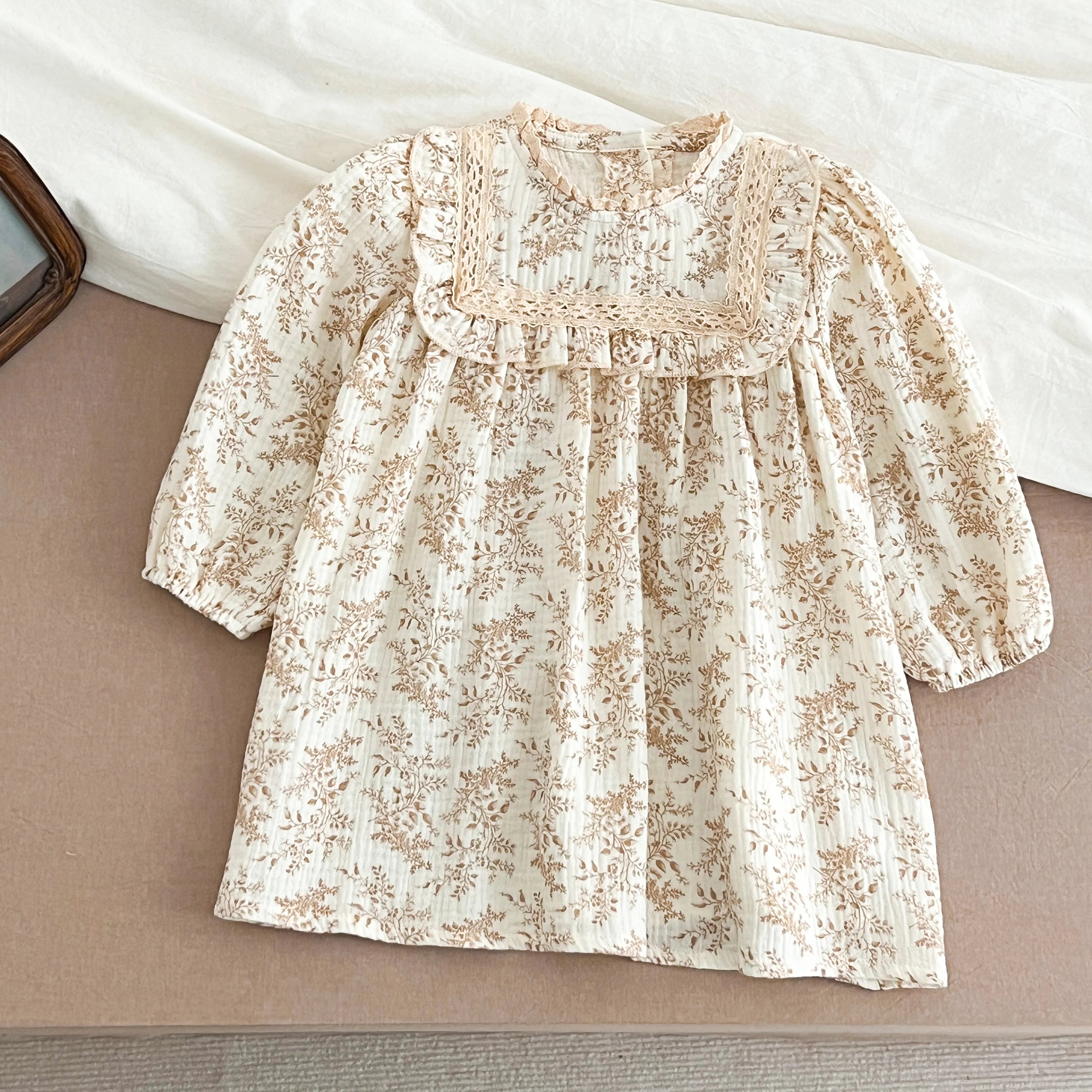 1-6Yrs Girls' Dress Floral Print Lace Girls' Cotton Dress 2025 Autumn New Flower Long Sleeved Sweet Children's Princess Dress