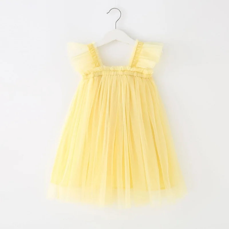 Summer Dress for Baby Girl Sling Sleeveless Square Collar Yellow Purple Pink Blue Green Mesh Princess Dress Child Clothing E2200