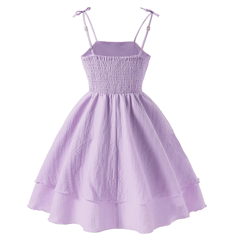 Kids Set Solid Pink Tiered Sling Princess Dress Sweet Style Tween Girls Dress Birthday Party Dating Clothes