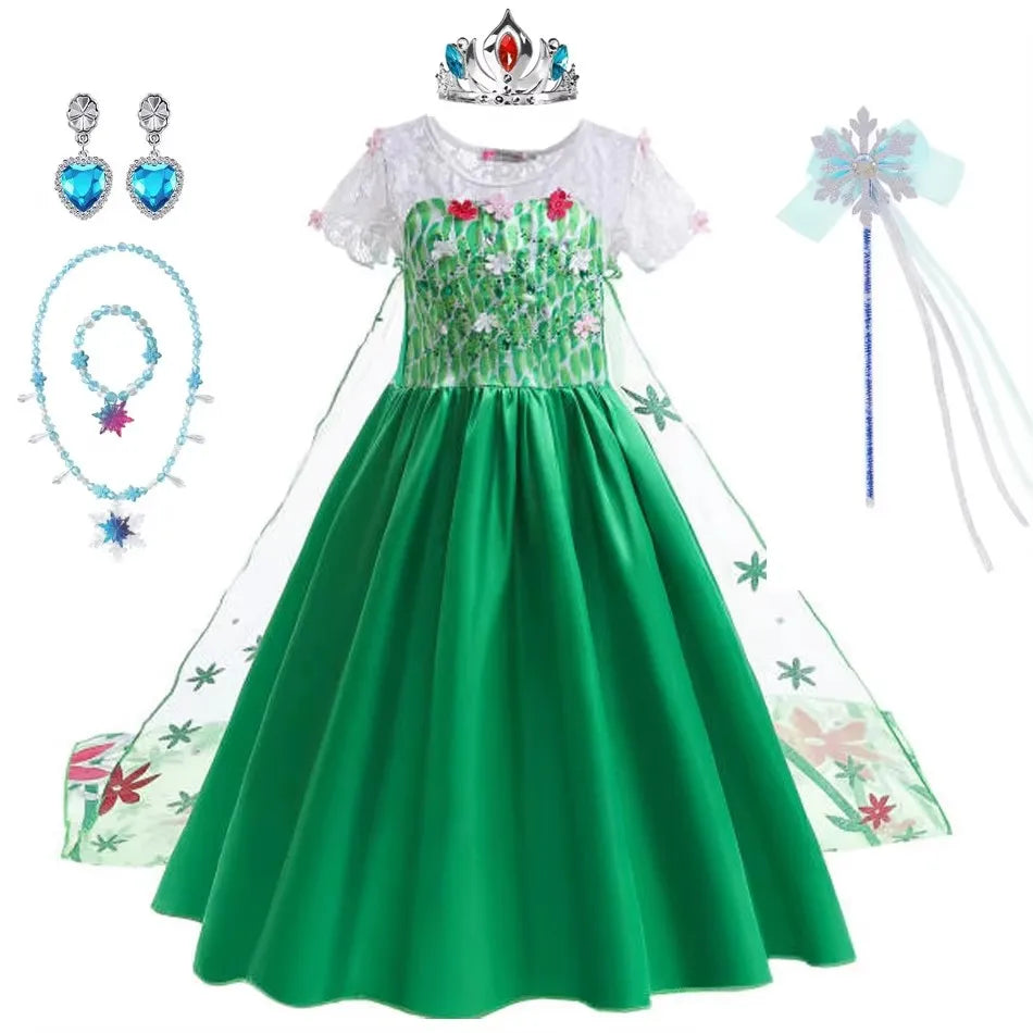 Elsa Costume for Girls Green Fancy Birthday Party Gown Kids Cosplay Princess Dress Carnival Party Children Dresses