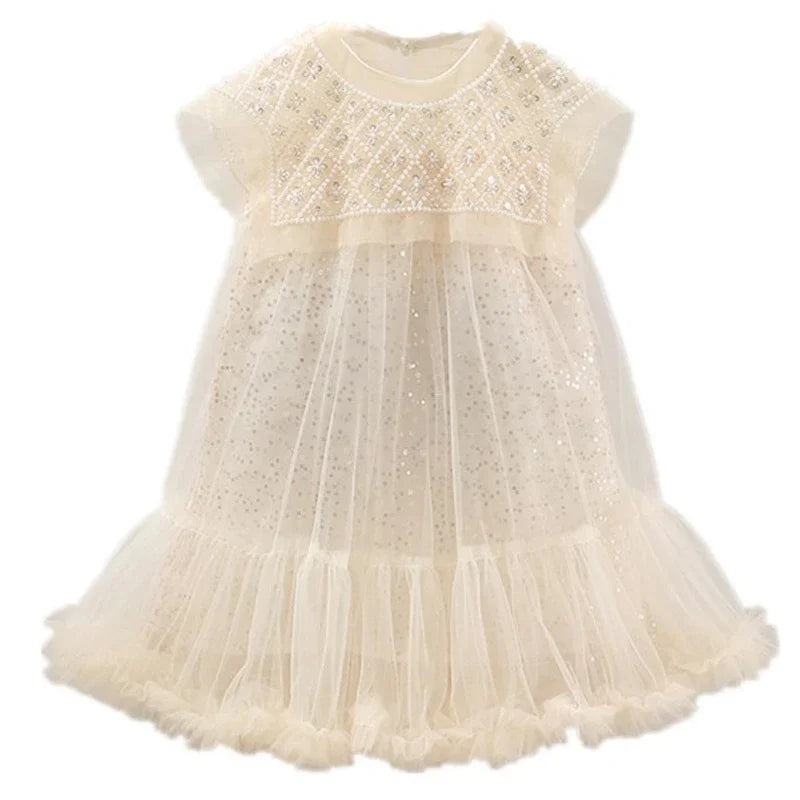 New 2024 Girls Princess Dress Casual Spring Summer Children's Wear Korean Pearl Neck Princess Dress Fashion Yarn Dress