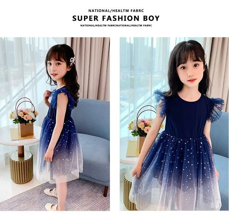 Summer Sleeveless Fashion Gauze Dress Girls Starry Sky Gradient Princess Dress New Years Children's Birthday Party Present