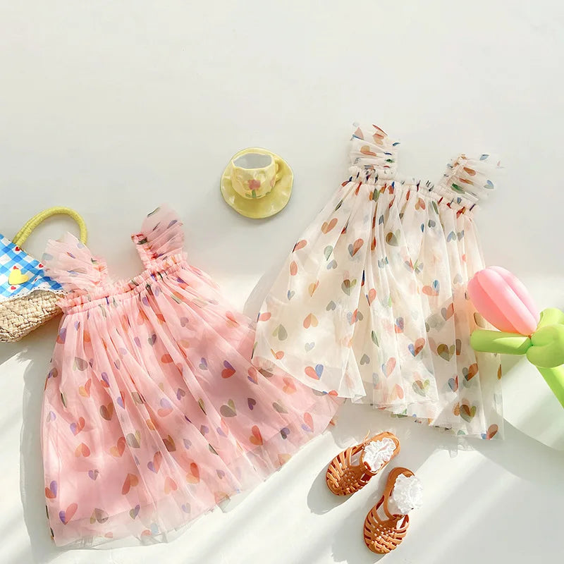 1-7T Toddler Kid Baby Girl Clothes Off Shoulder Heart Print Girls Dress Elegant Summer Sundress Beach Princess Dress Outfit