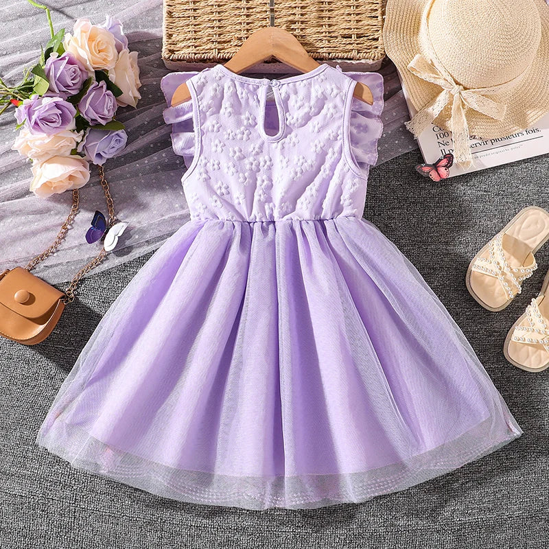 Kids Princess Dress For Girls O-Neck Wing-Sleeve Bowknot Floral Print Embroidery 4-7 Years Summer Sweet Birthday Party Clothing