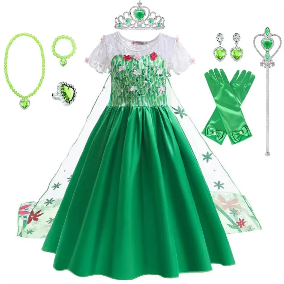 Elsa Costume for Girls Green Fancy Birthday Party Gown Kids Cosplay Princess Dress Carnival Party Children Dresses