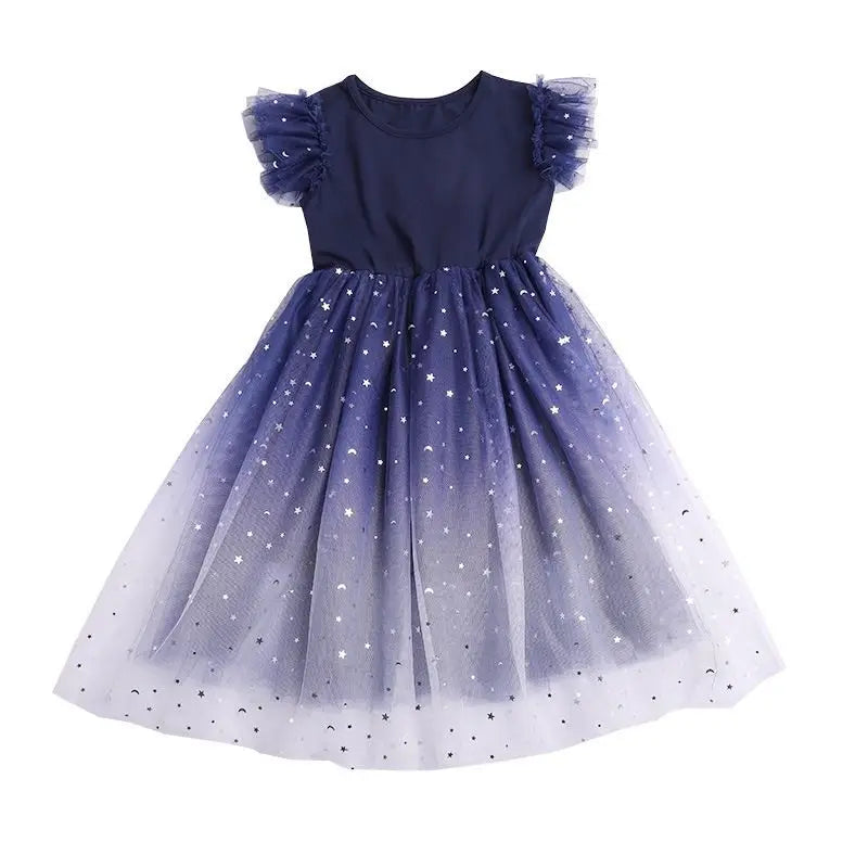 Summer Sleeveless Fashion Gauze Dress Girls Starry Sky Gradient Princess Dress New Years Children's Birthday Party Present