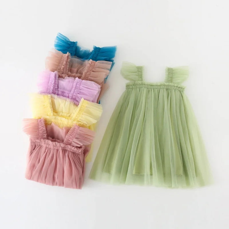 Summer Dress for Baby Girl Sling Sleeveless Square Collar Yellow Purple Pink Blue Green Mesh Princess Dress Child Clothing E2200