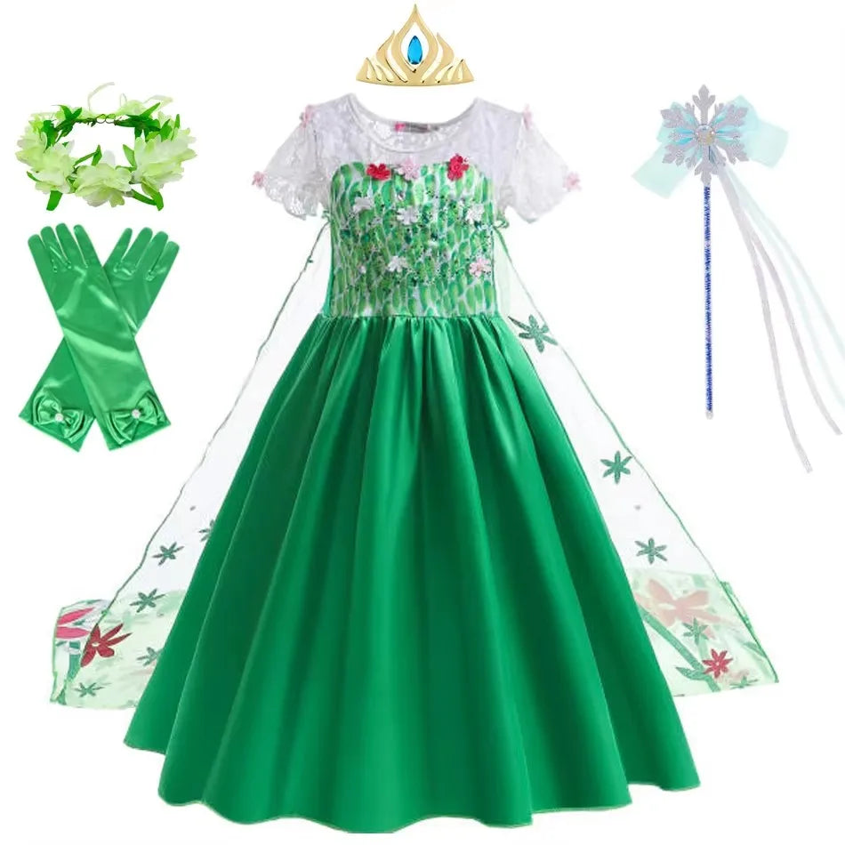 Elsa Costume for Girls Green Fancy Birthday Party Gown Kids Cosplay Princess Dress Carnival Party Children Dresses