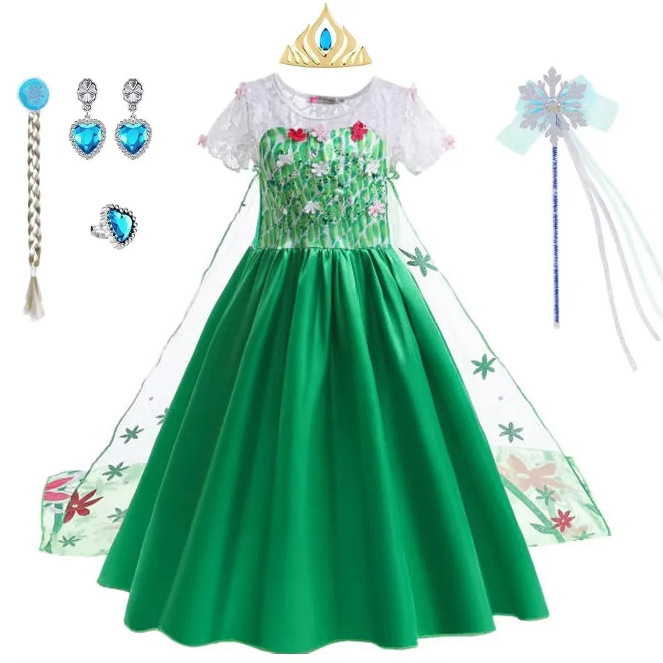 Elsa Costume for Girls Green Fancy Birthday Party Gown Kids Cosplay Princess Dress Carnival Party Children Dresses