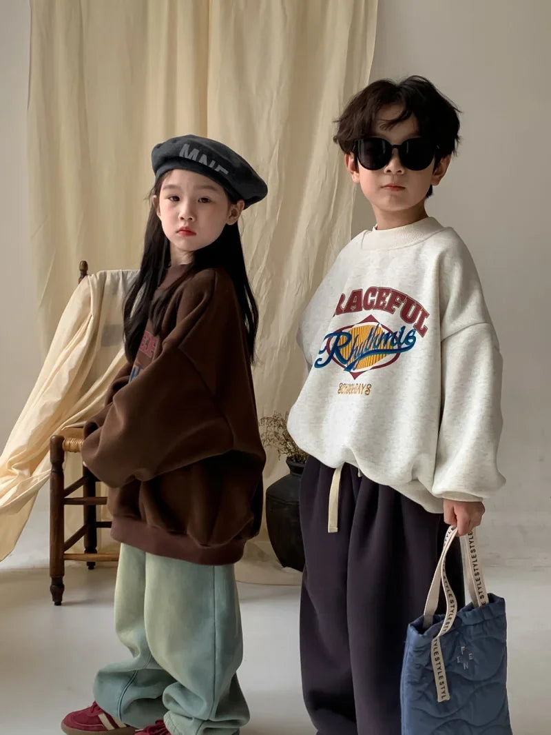 2025 Children Clothing Autumn Winter Baby Boys Girls Fleece Sweatshirt New Kids Letter Print O-Neck Tops Kids Warm Pullover