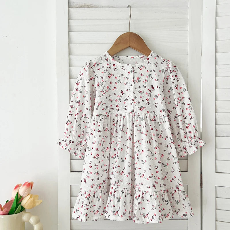 1-6Yrs Girls' Dress Floral Print Lace Girls' Cotton Dress 2025 Autumn New Flower Long Sleeved Sweet Children's Princess Dress