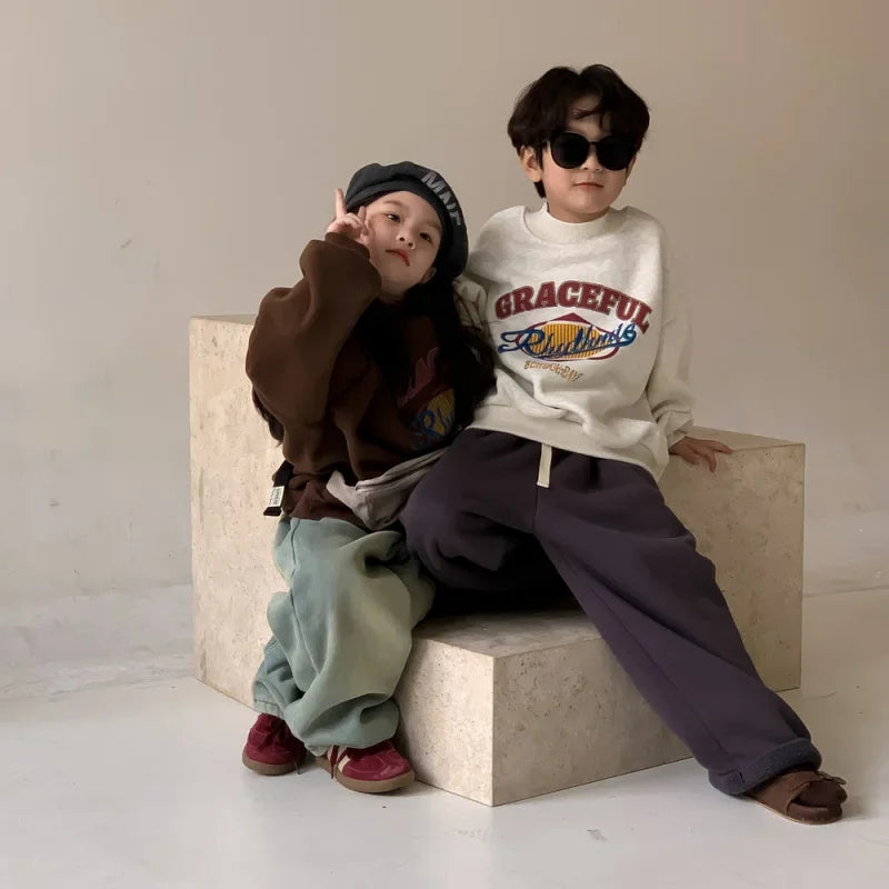 2025 Children Clothing Autumn Winter Baby Boys Girls Fleece Sweatshirt New Kids Letter Print O-Neck Tops Kids Warm Pullover