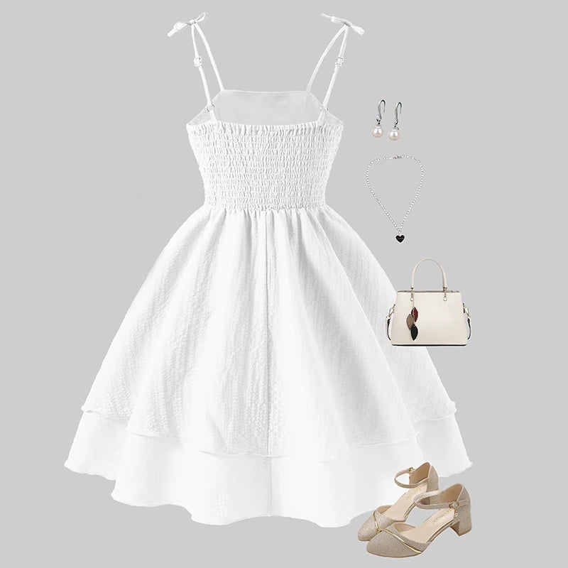 Kids Set Solid Pink Tiered Sling Princess Dress Sweet Style Tween Girls Dress Birthday Party Dating Clothes