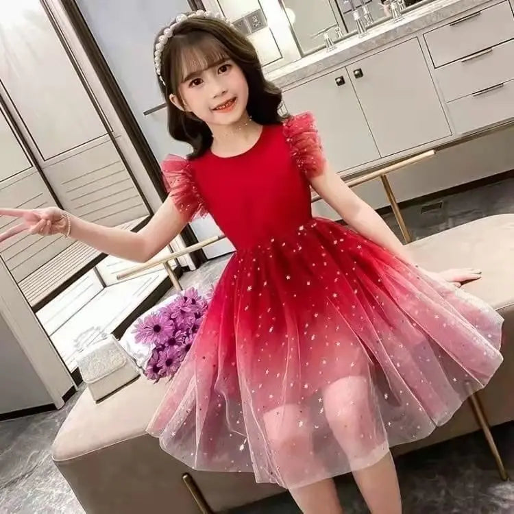 Summer Sleeveless Fashion Gauze Dress Girls Starry Sky Gradient Princess Dress New Years Children's Birthday Party Present