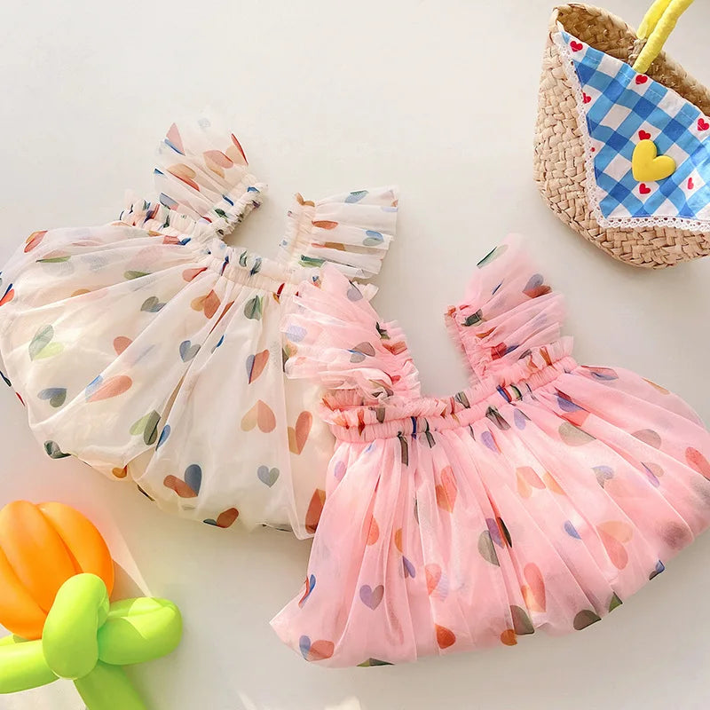 1-7T Toddler Kid Baby Girl Clothes Off Shoulder Heart Print Girls Dress Elegant Summer Sundress Beach Princess Dress Outfit