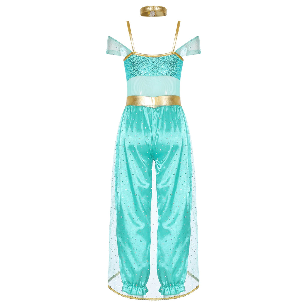 Shiny Sequin Gem Girls Halloween Jasmines Costume Kids Arabian Princess Cosplay Fancy Jumpsuit with Choker for Dance Performance