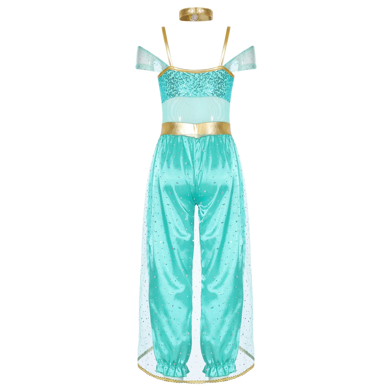 Shiny Sequin Gem Girls Halloween Jasmines Costume Kids Arabian Princess Cosplay Fancy Jumpsuit with Choker for Dance Performance