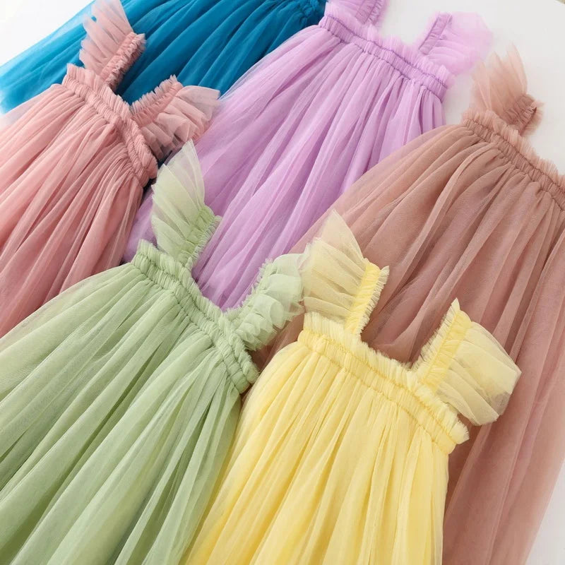 Summer Dress for Baby Girl Sling Sleeveless Square Collar Yellow Purple Pink Blue Green Mesh Princess Dress Child Clothing E2200